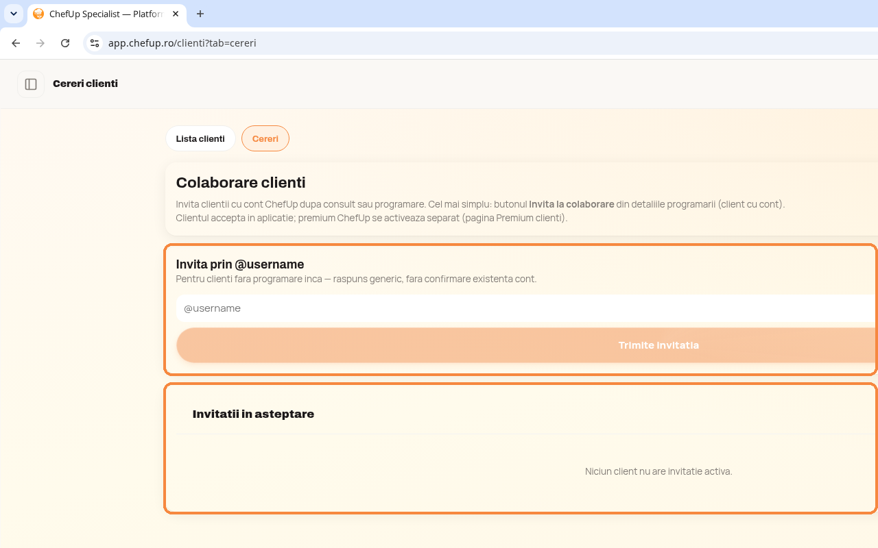 Tab-ul Cereri cu invitatie prin username