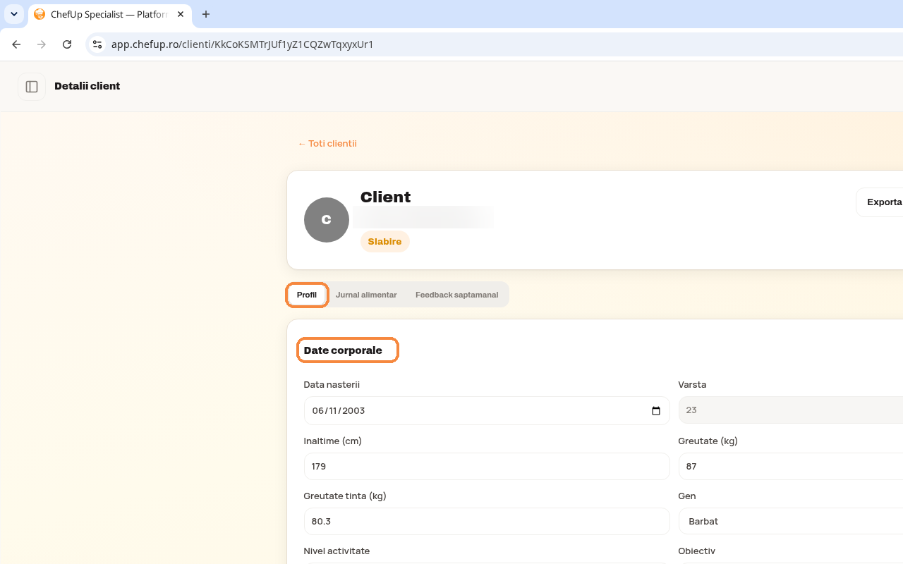 Tab-ul Profil din fisa clientului