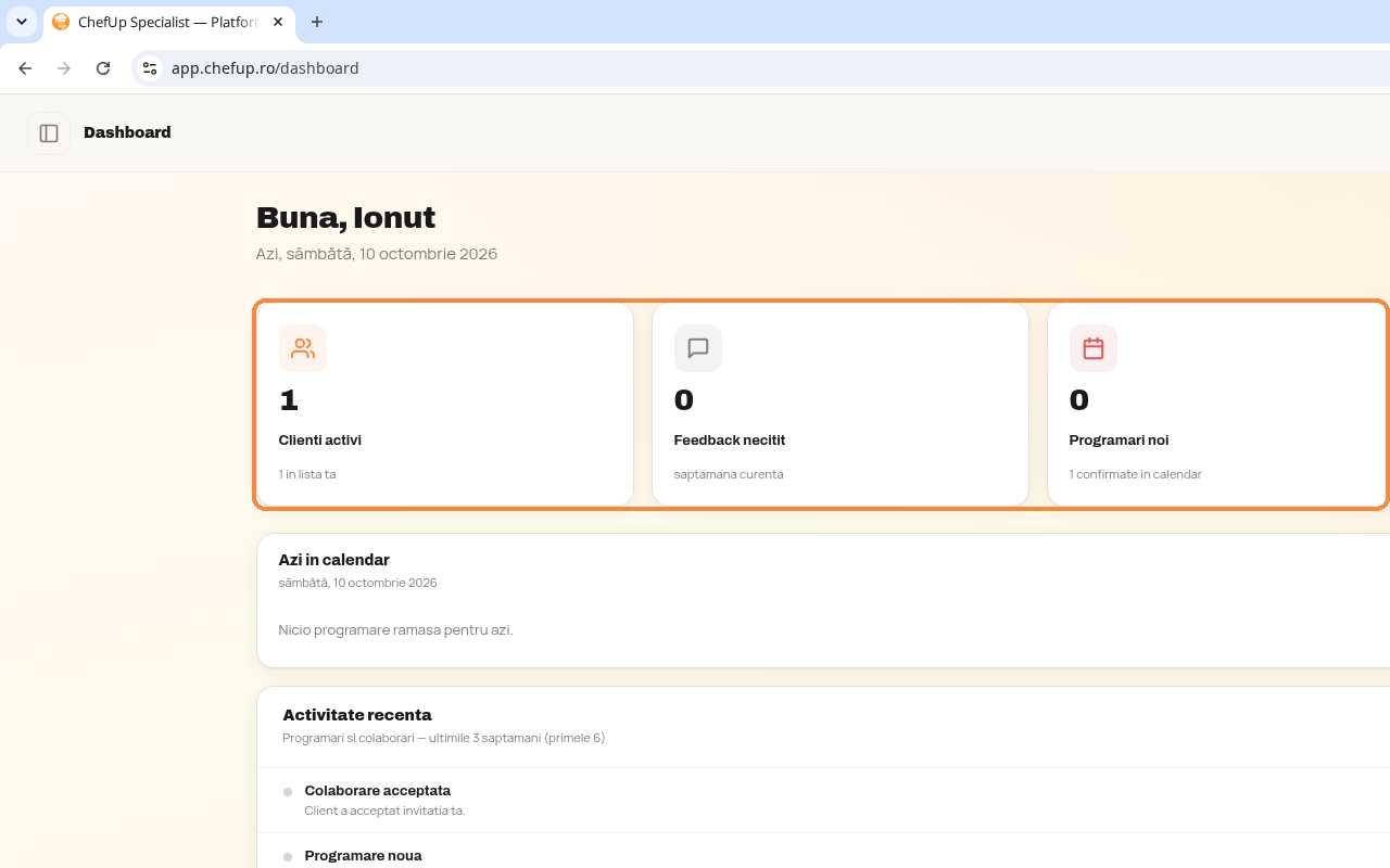 Dashboard ChefUp cu cardurile de sumar